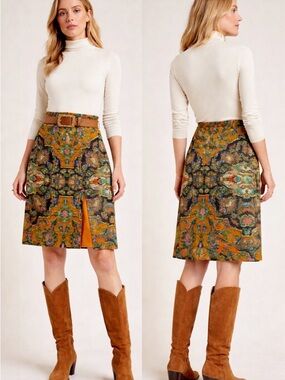 Anthropologie Mosaic Brocade Midi Skirt in Mustard & Green